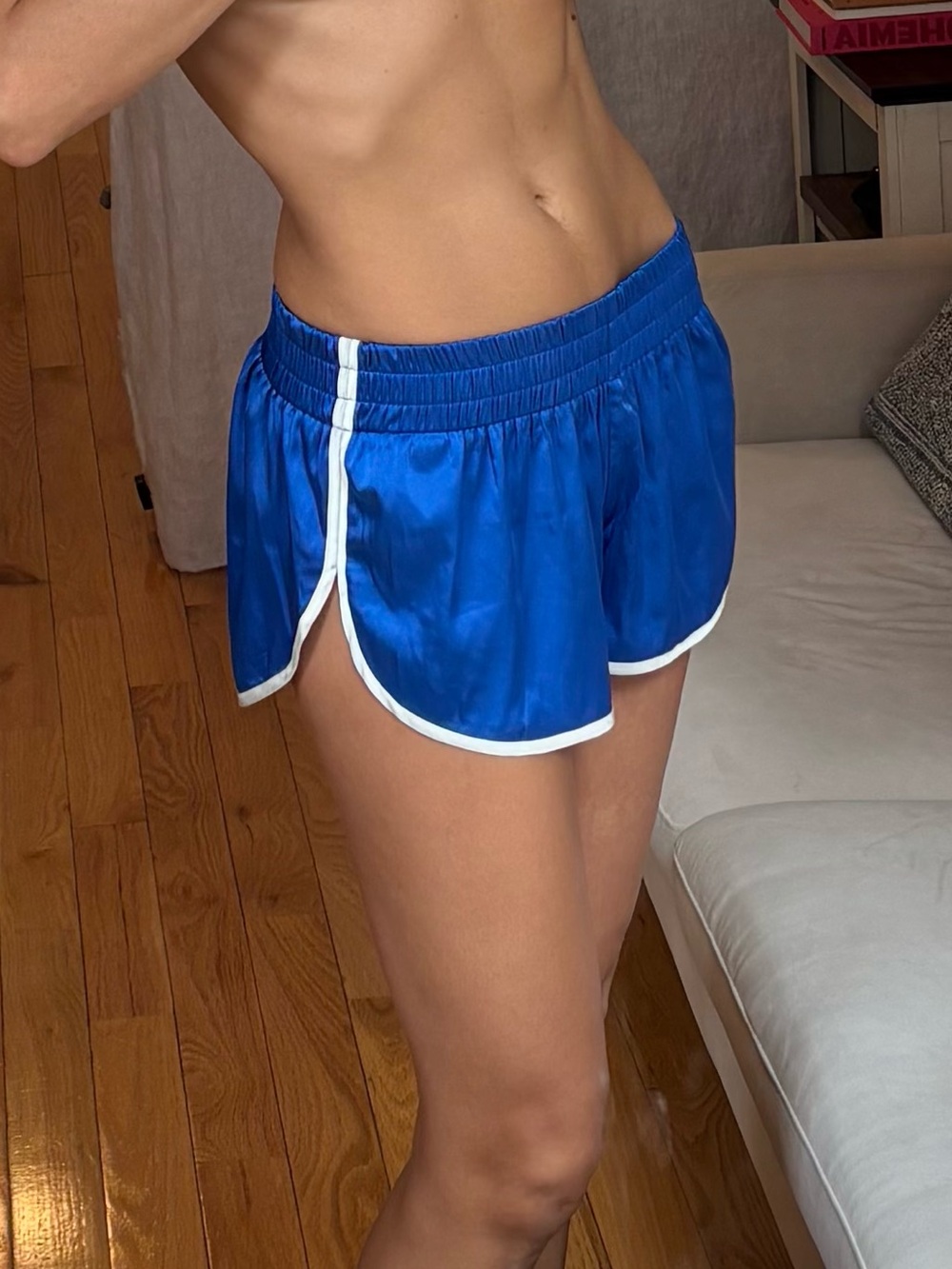 LIONESS Royal Blue Satin Athletic Shorts with White Trim